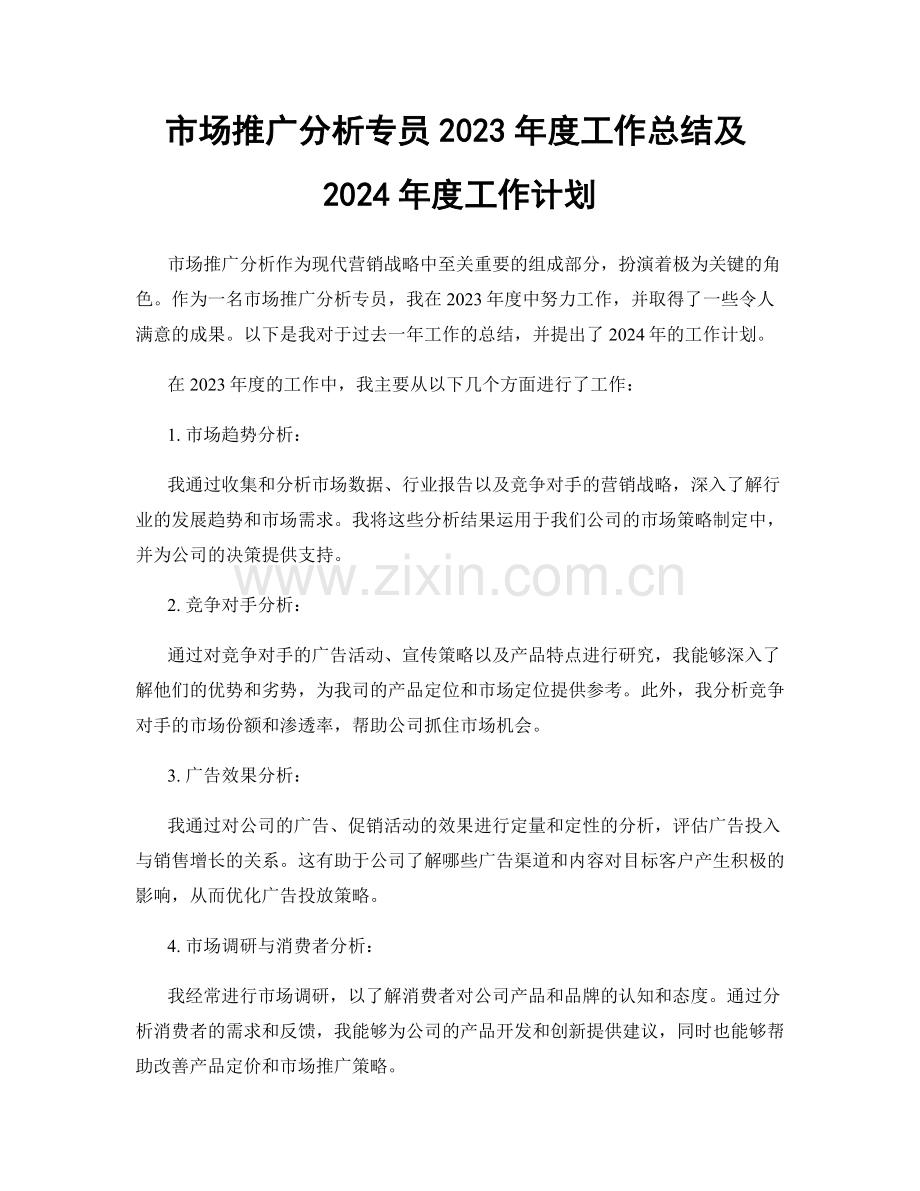 市场推广分析专员2023年度工作总结及2024年度工作计划.docx_第1页