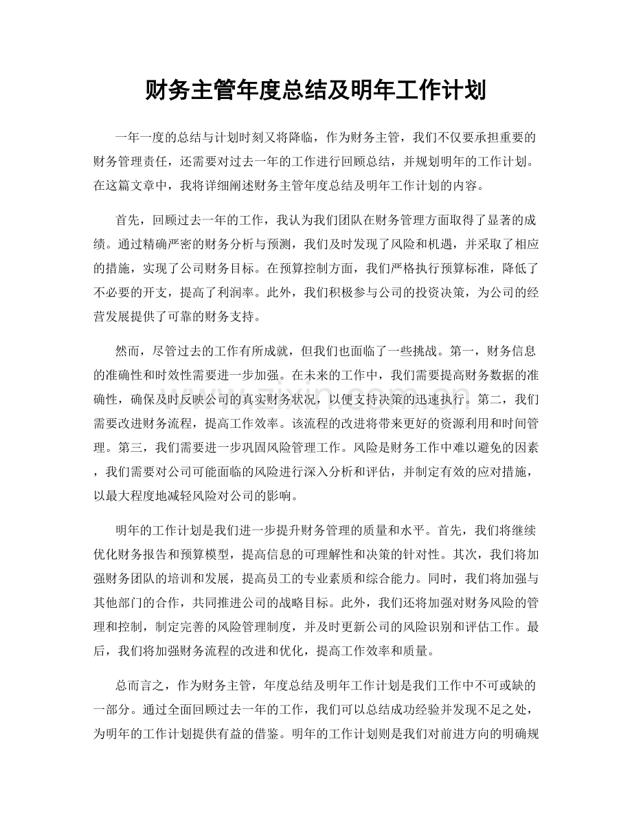 财务主管年度总结及明年工作计划.docx_第1页