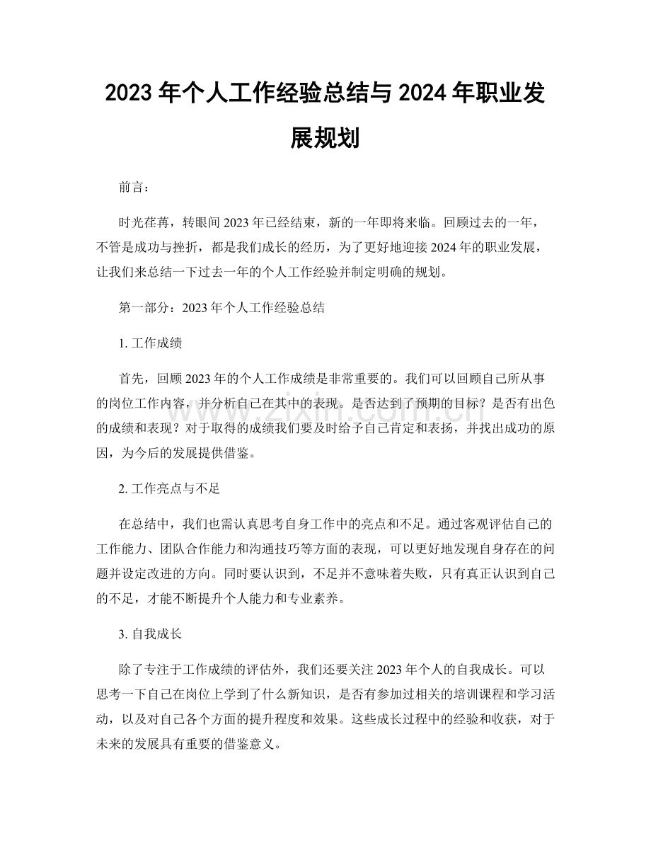 2023年个人工作经验总结与2024年职业发展规划.docx_第1页