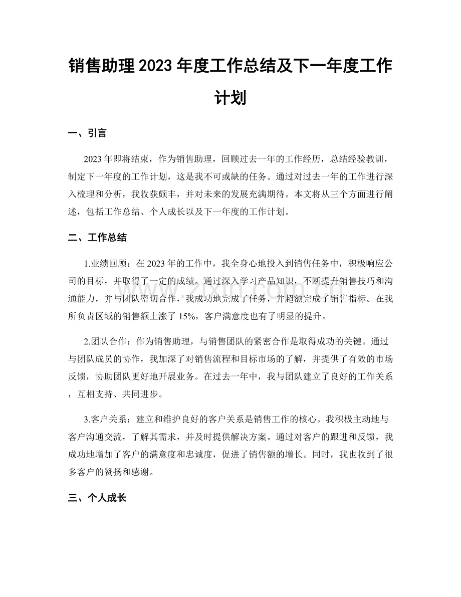 销售助理2023年度工作总结及下一年度工作计划.docx_第1页