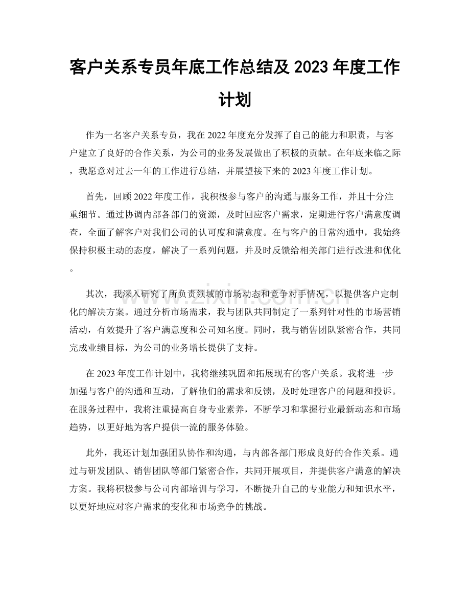 客户关系专员年底工作总结及2023年度工作计划.docx_第1页