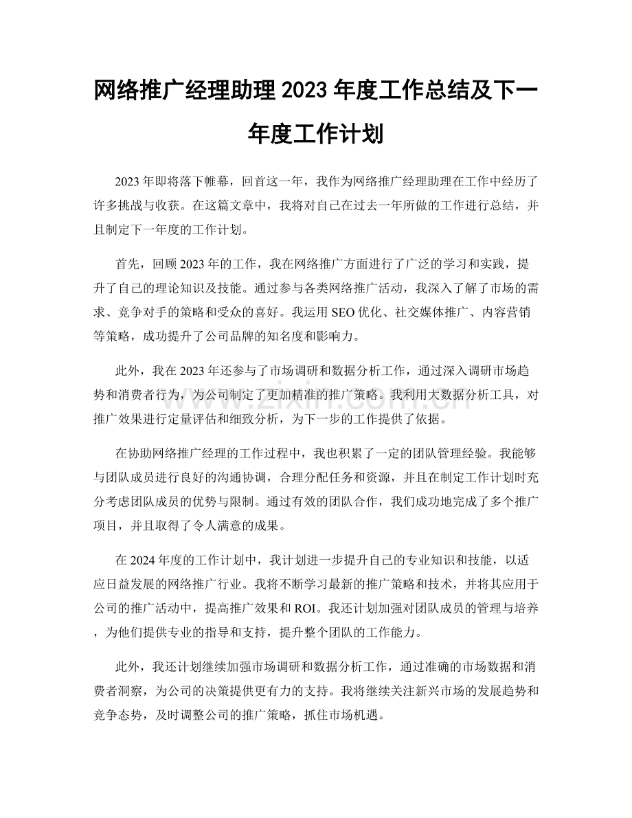 网络推广经理助理2023年度工作总结及下一年度工作计划.docx_第1页