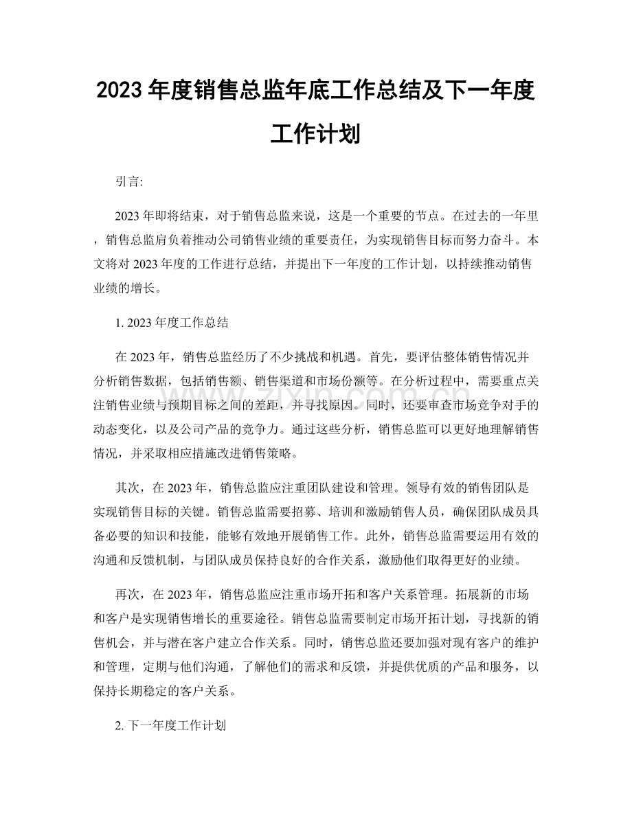 2023年度销售总监年底工作总结及下一年度工作计划.docx_第1页