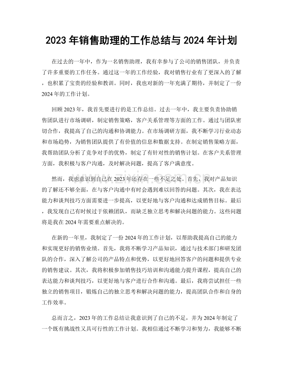 2023年销售助理的工作总结与2024年计划.docx_第1页