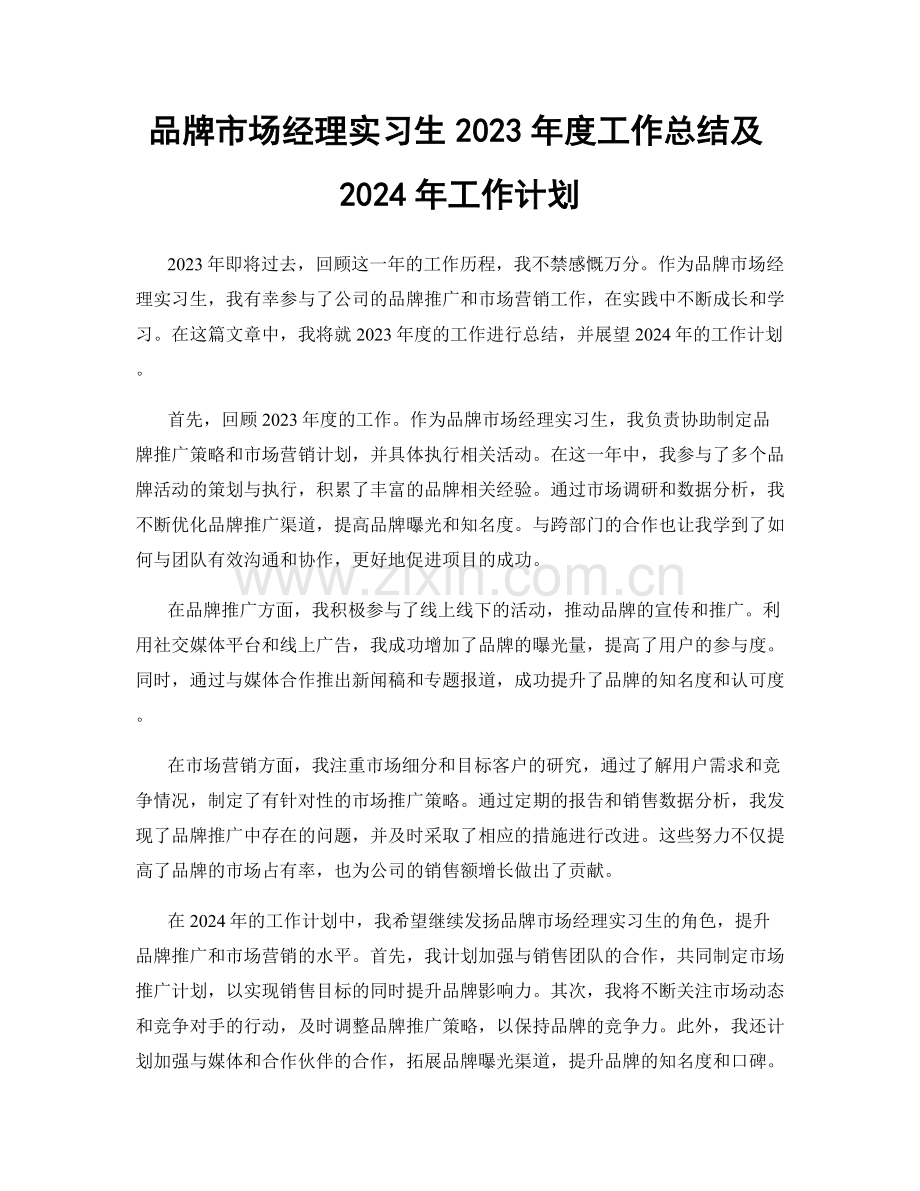 品牌市场经理实习生2023年度工作总结及2024年工作计划.docx_第1页