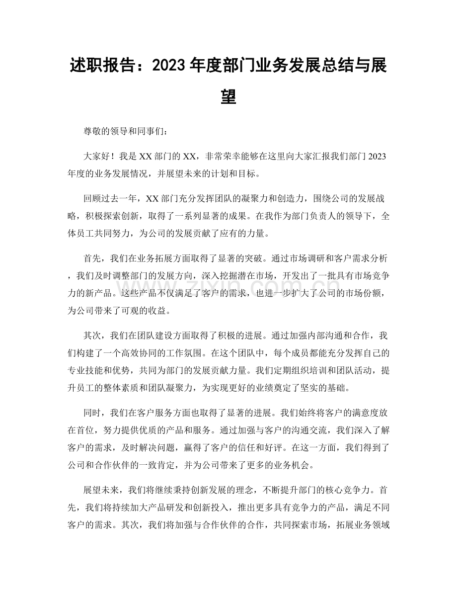 述职报告：2023年度部门业务发展总结与展望.docx_第1页