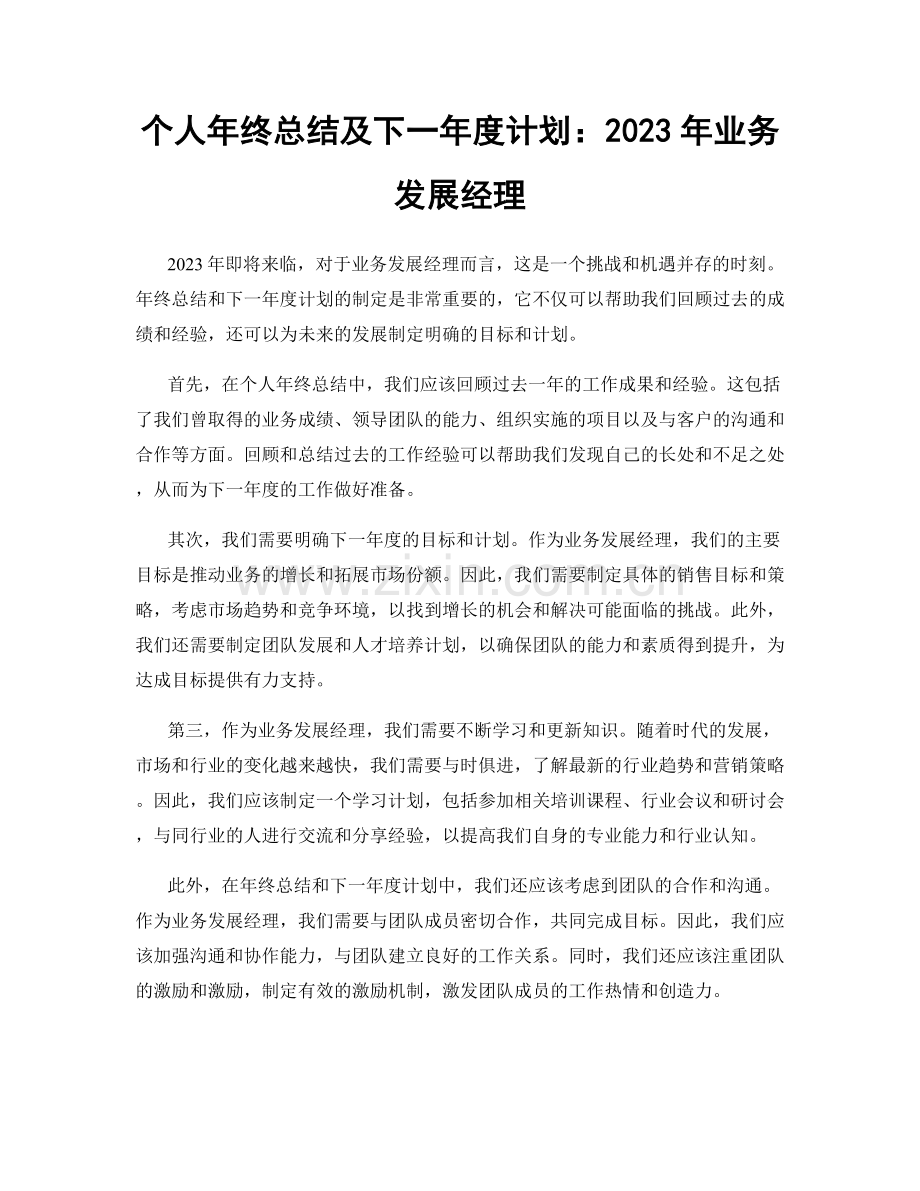 个人年终总结及下一年度计划：2023年业务发展经理.docx_第1页