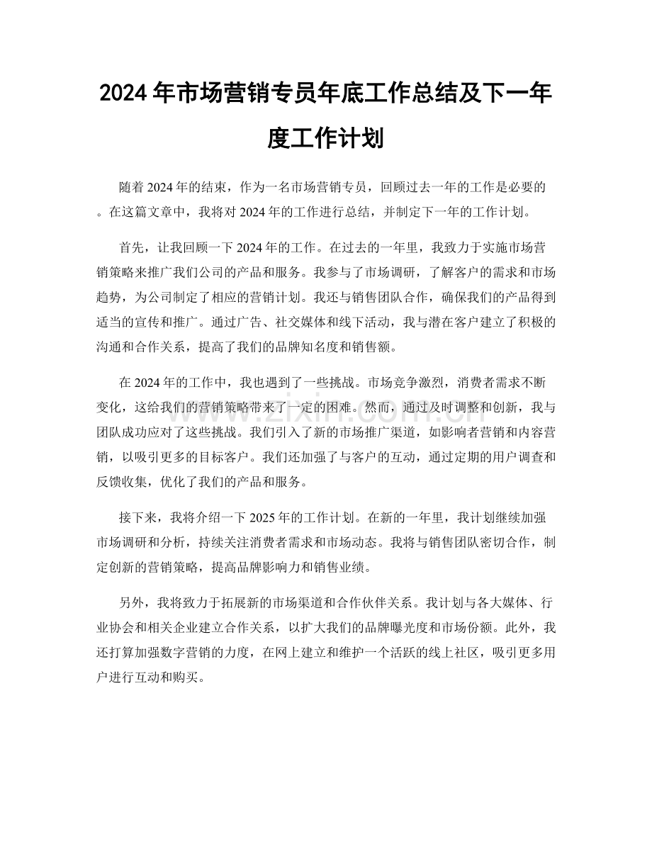 2024年市场营销专员年底工作总结及下一年度工作计划.docx_第1页