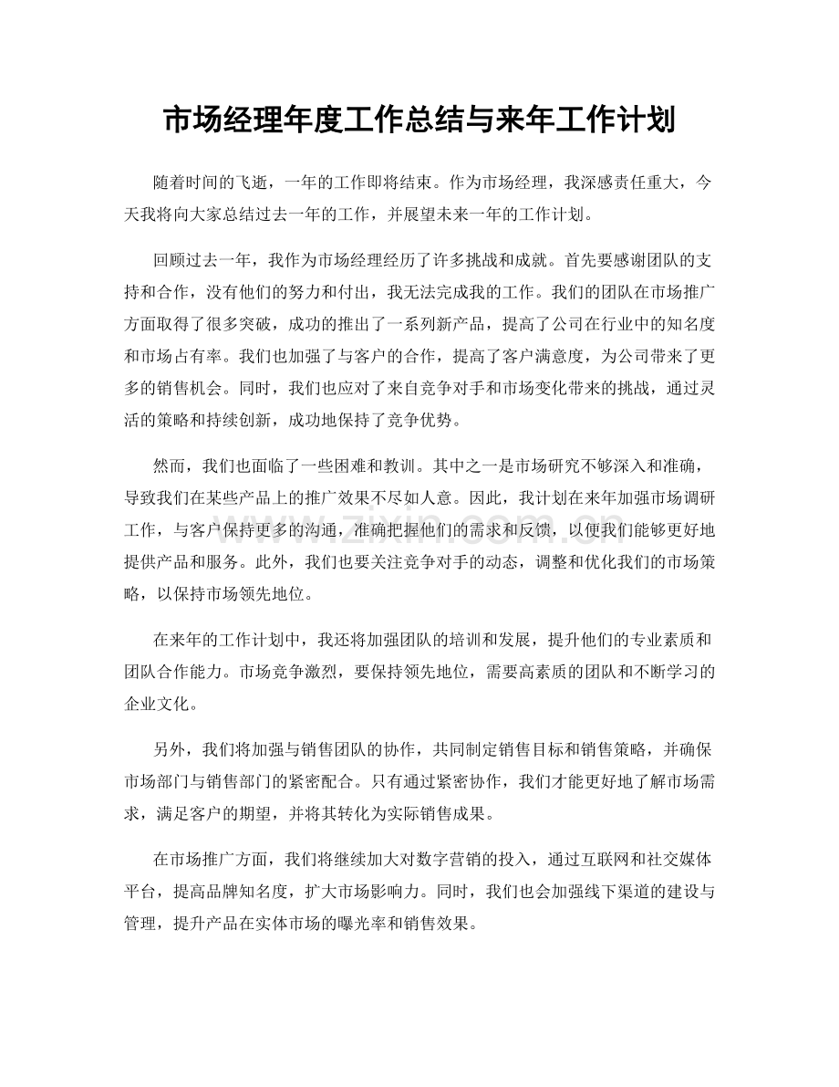 市场经理年度工作总结与来年工作计划.docx_第1页