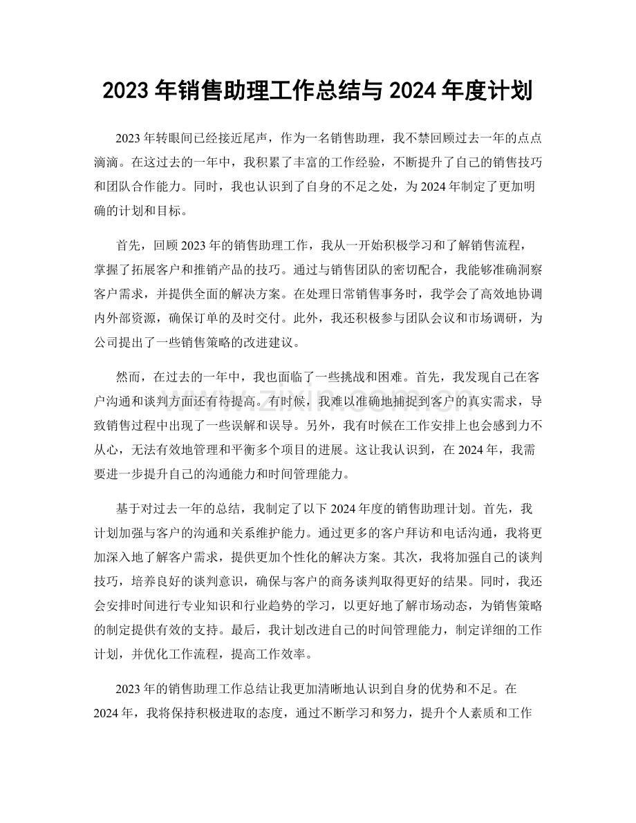 2023年销售助理工作总结与2024年度计划.docx_第1页