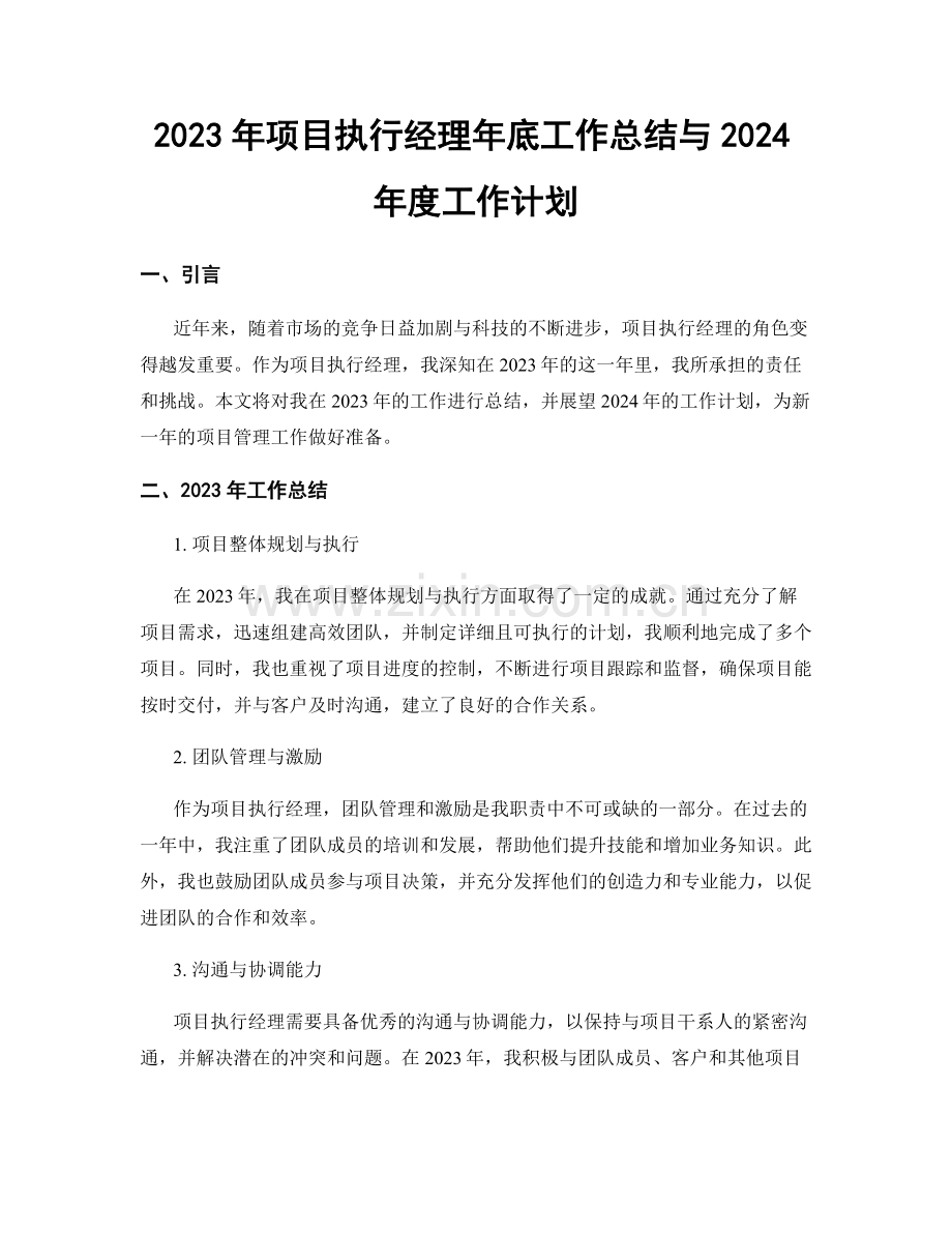 2023年项目执行经理年底工作总结与2024年度工作计划.docx_第1页