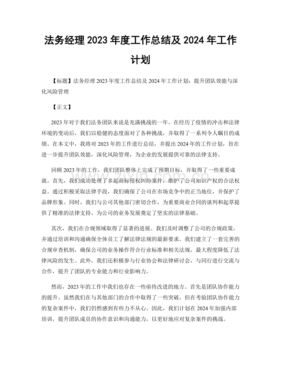 法务经理2023年度工作总结及2024年工作计划.docx_第1页