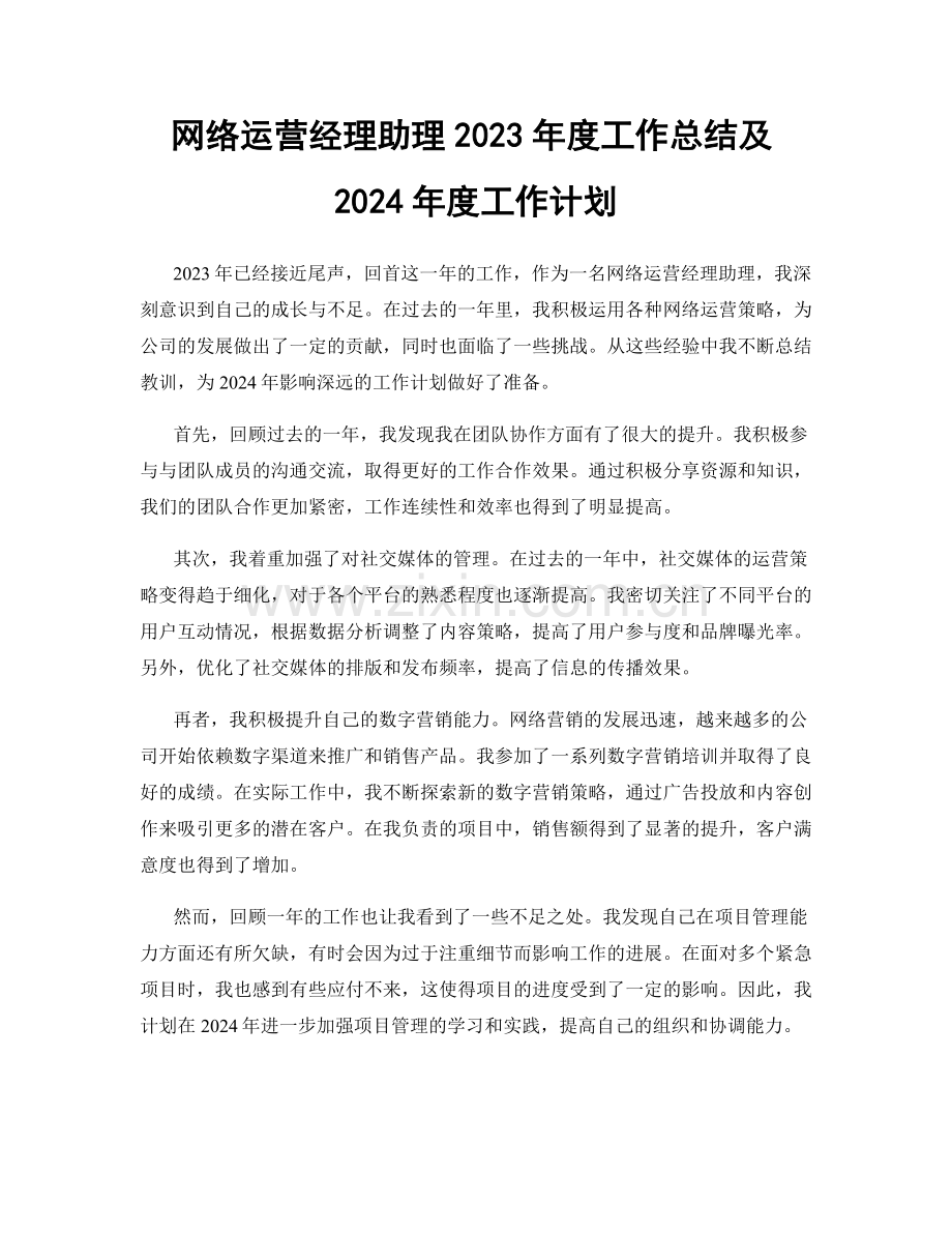 网络运营经理助理2023年度工作总结及2024年度工作计划.docx_第1页