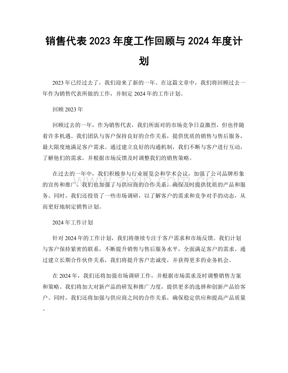 销售代表2023年度工作回顾与2024年度计划.docx_第1页