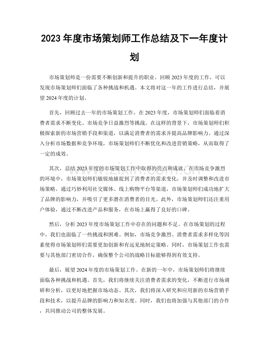 2023年度市场策划师工作总结及下一年度计划.docx_第1页