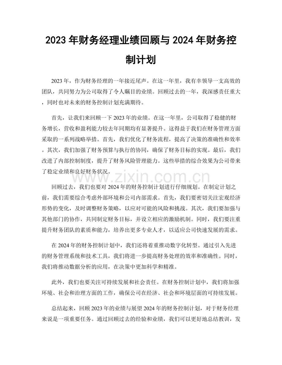 2023年财务经理业绩回顾与2024年财务控制计划.docx_第1页