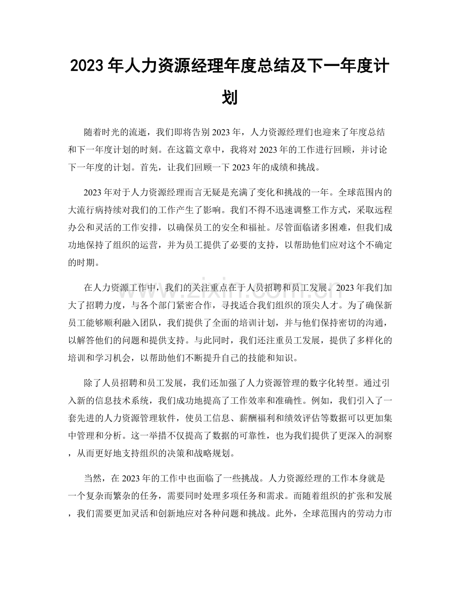 2023年人力资源经理年度总结及下一年度计划.docx_第1页