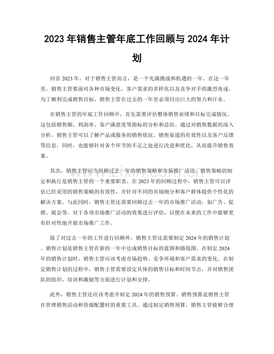 2023年销售主管年底工作回顾与2024年计划.docx_第1页