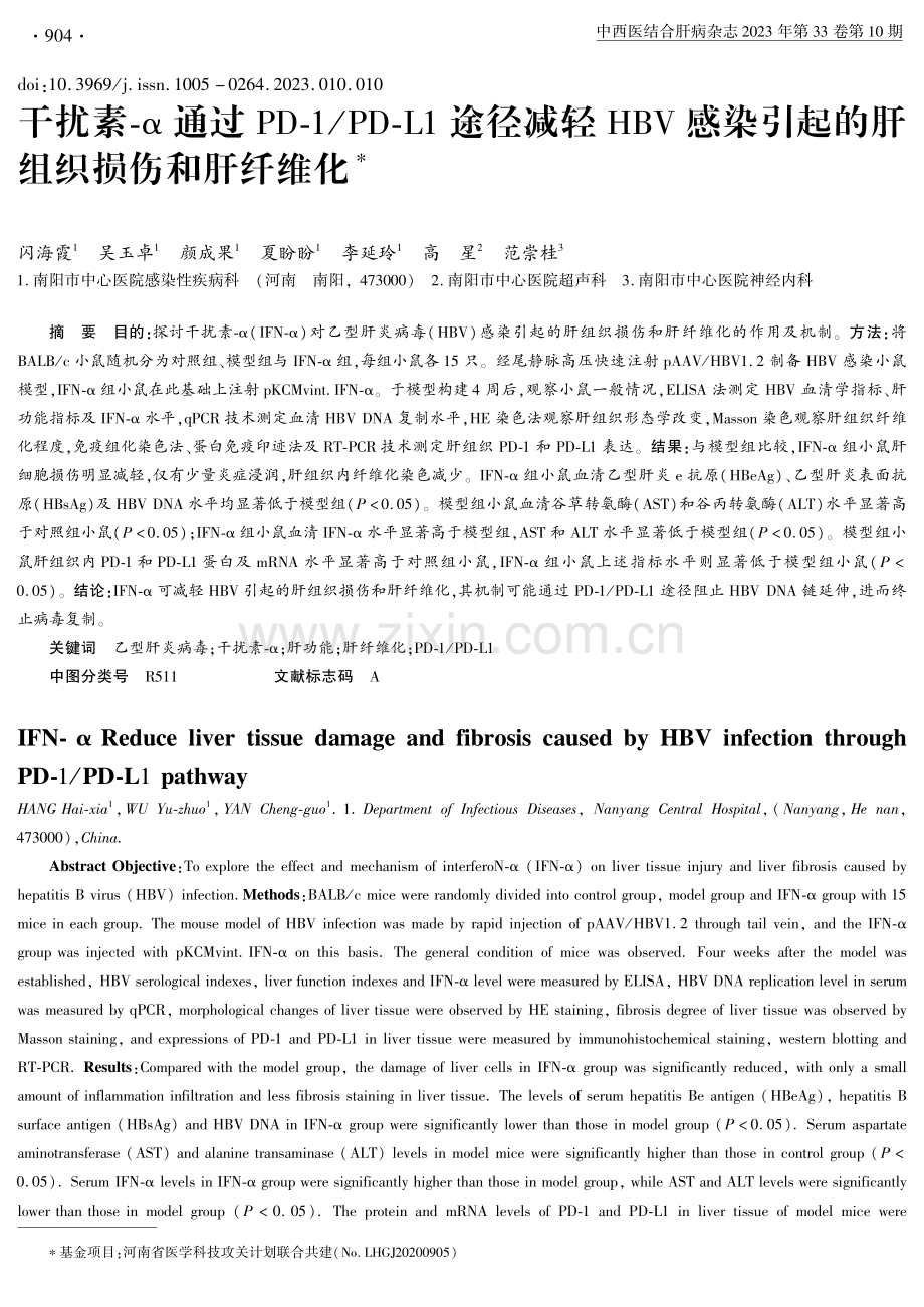 干扰素-α通过PD-1_PD-L1途径减轻HBV感染引起的肝组织损伤和肝纤维化.pdf_第1页