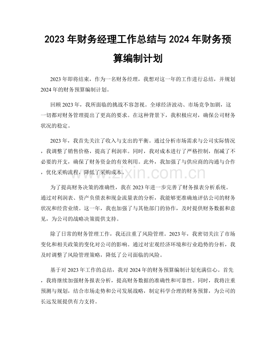 2023年财务经理工作总结与2024年财务预算编制计划.docx_第1页