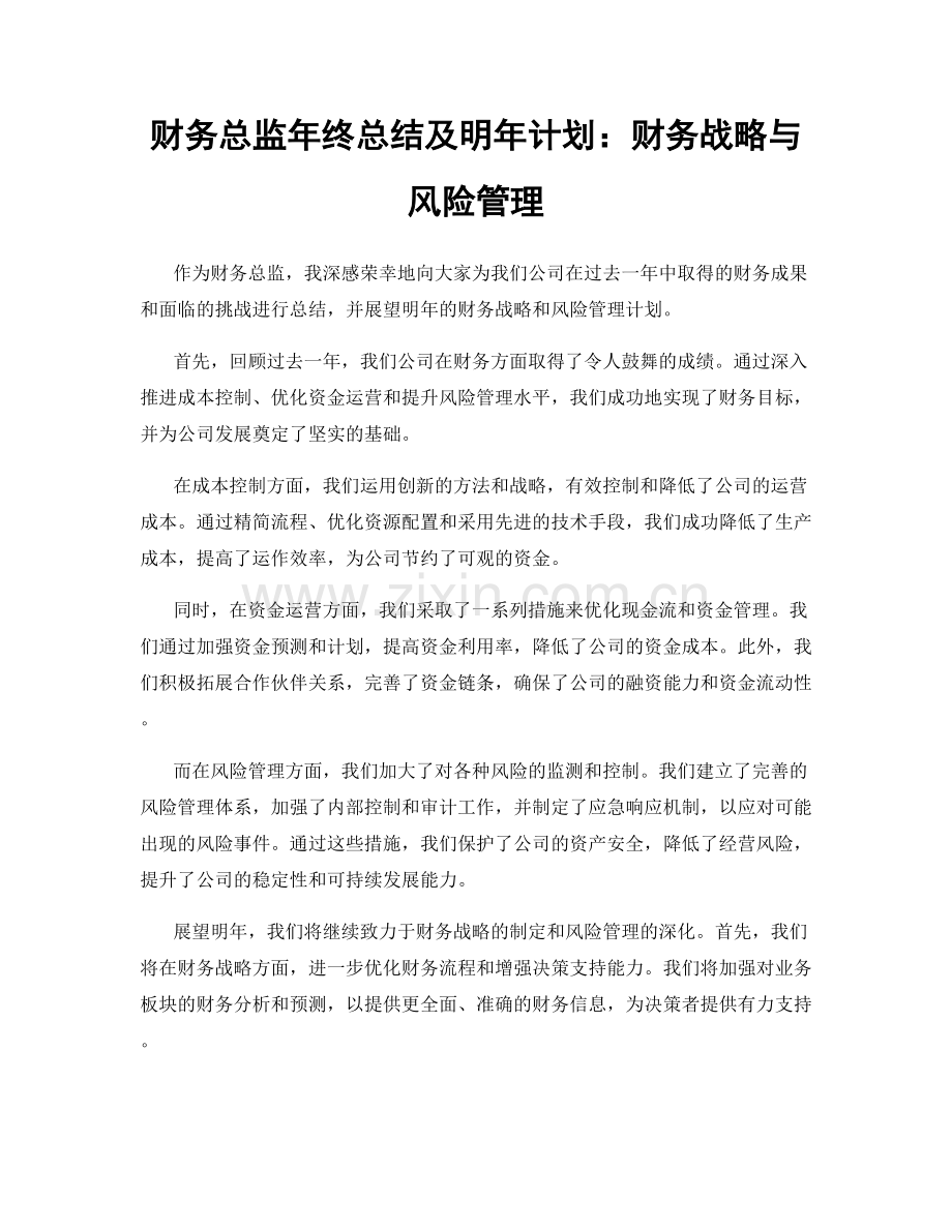 财务总监年终总结及明年计划：财务战略与风险管理.docx_第1页