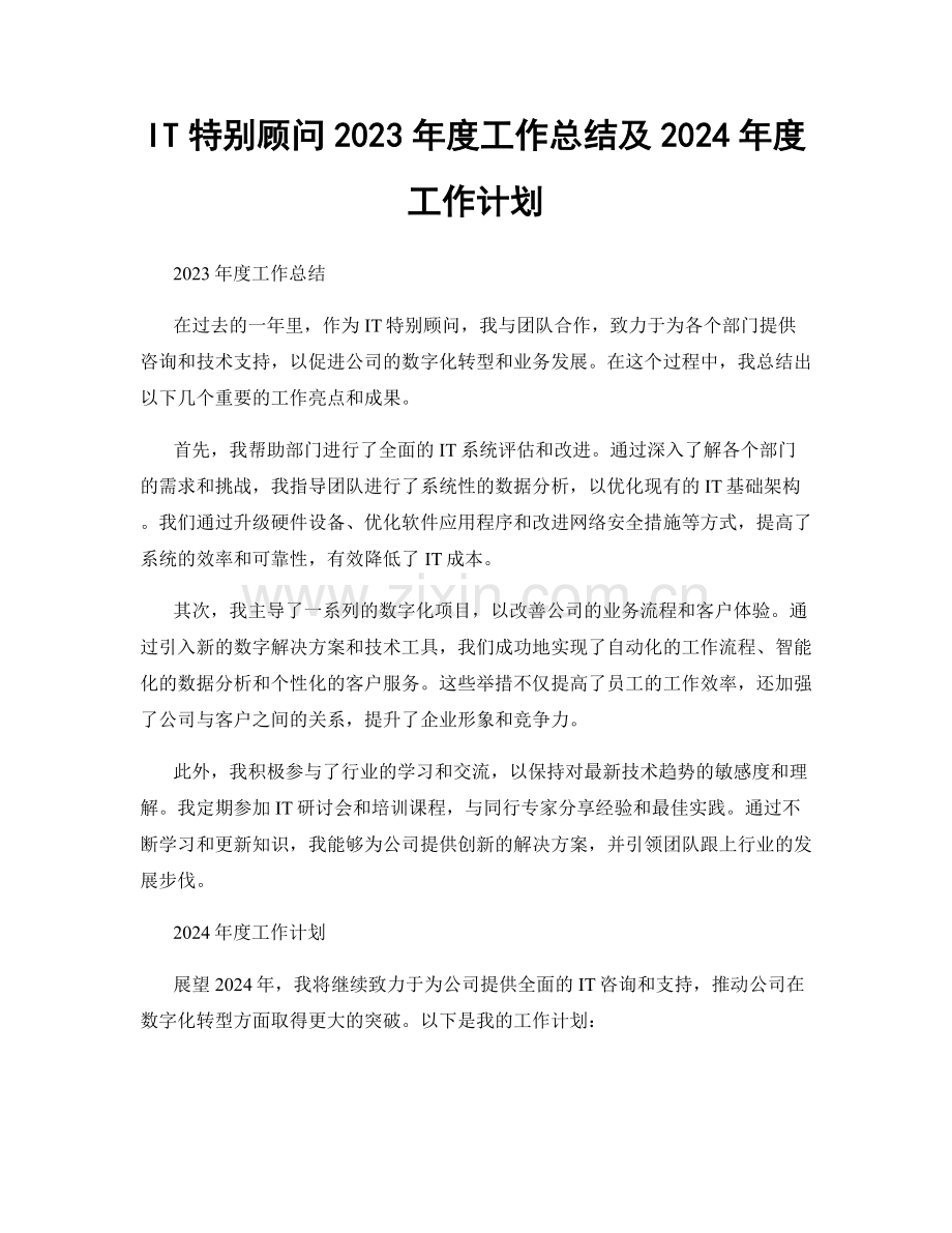 IT特别顾问2023年度工作总结及2024年度工作计划.docx_第1页