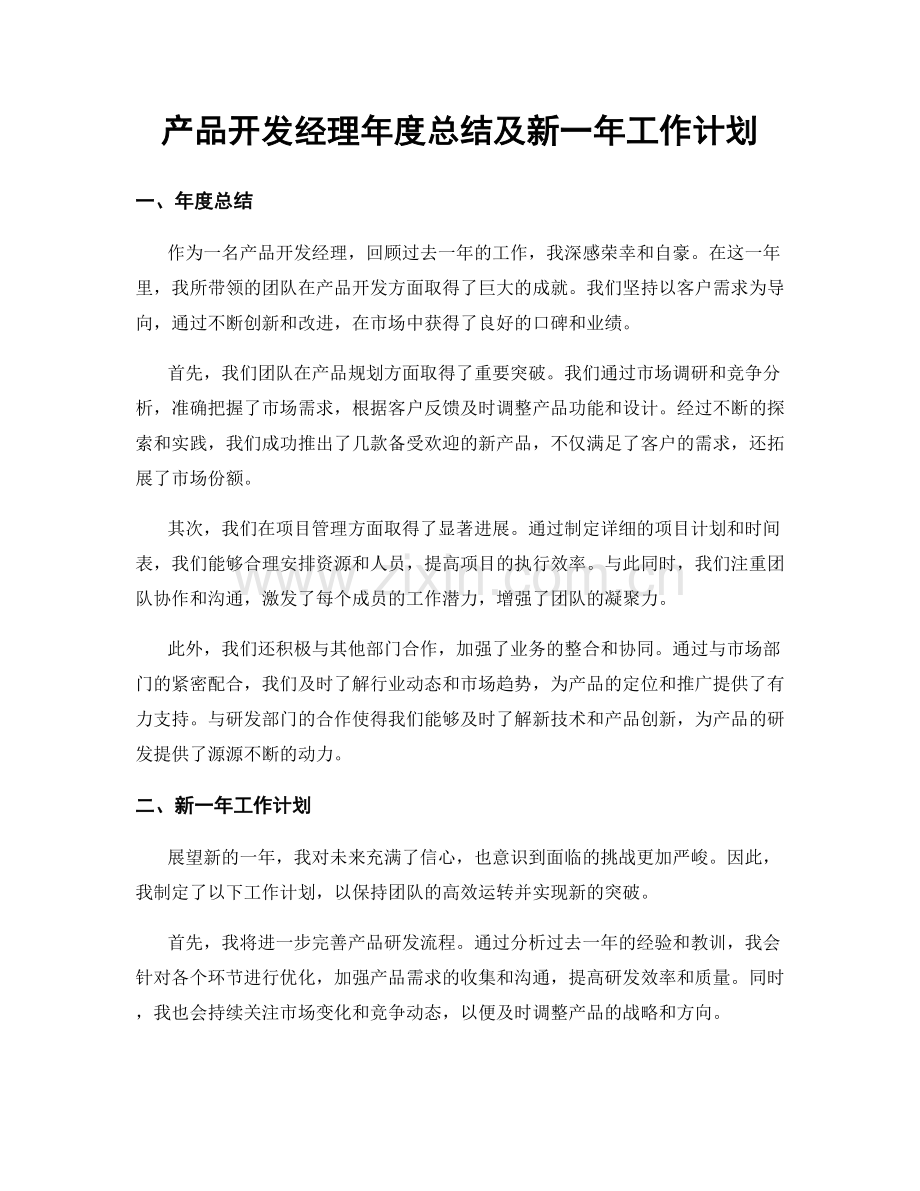 产品开发经理年度总结及新一年工作计划.docx_第1页