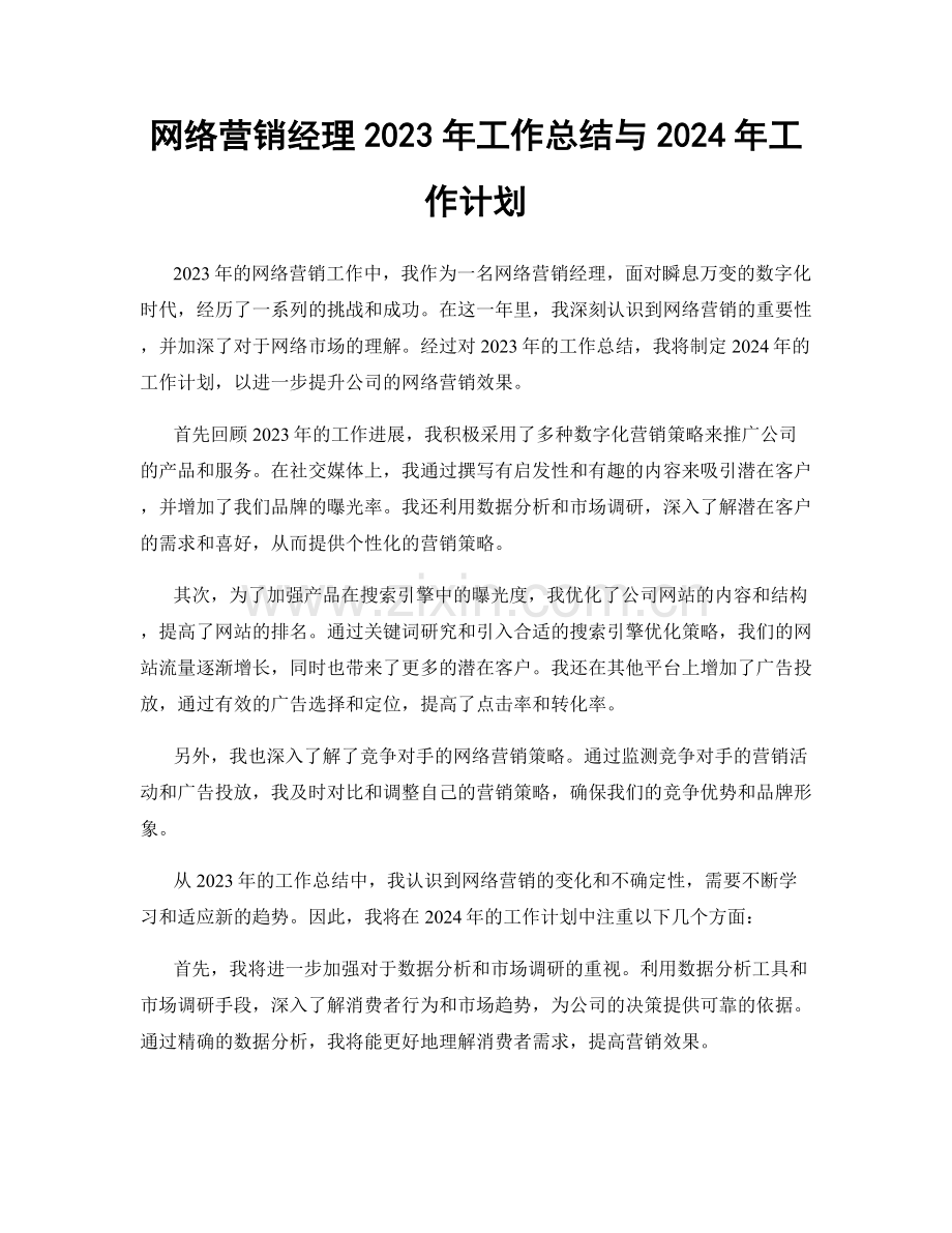 网络营销经理2023年工作总结与2024年工作计划.docx_第1页