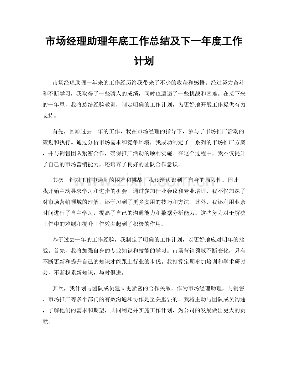 市场经理助理年底工作总结及下一年度工作计划.docx_第1页