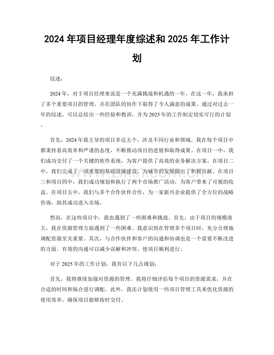 2024年项目经理年度综述和2025年工作计划.docx_第1页