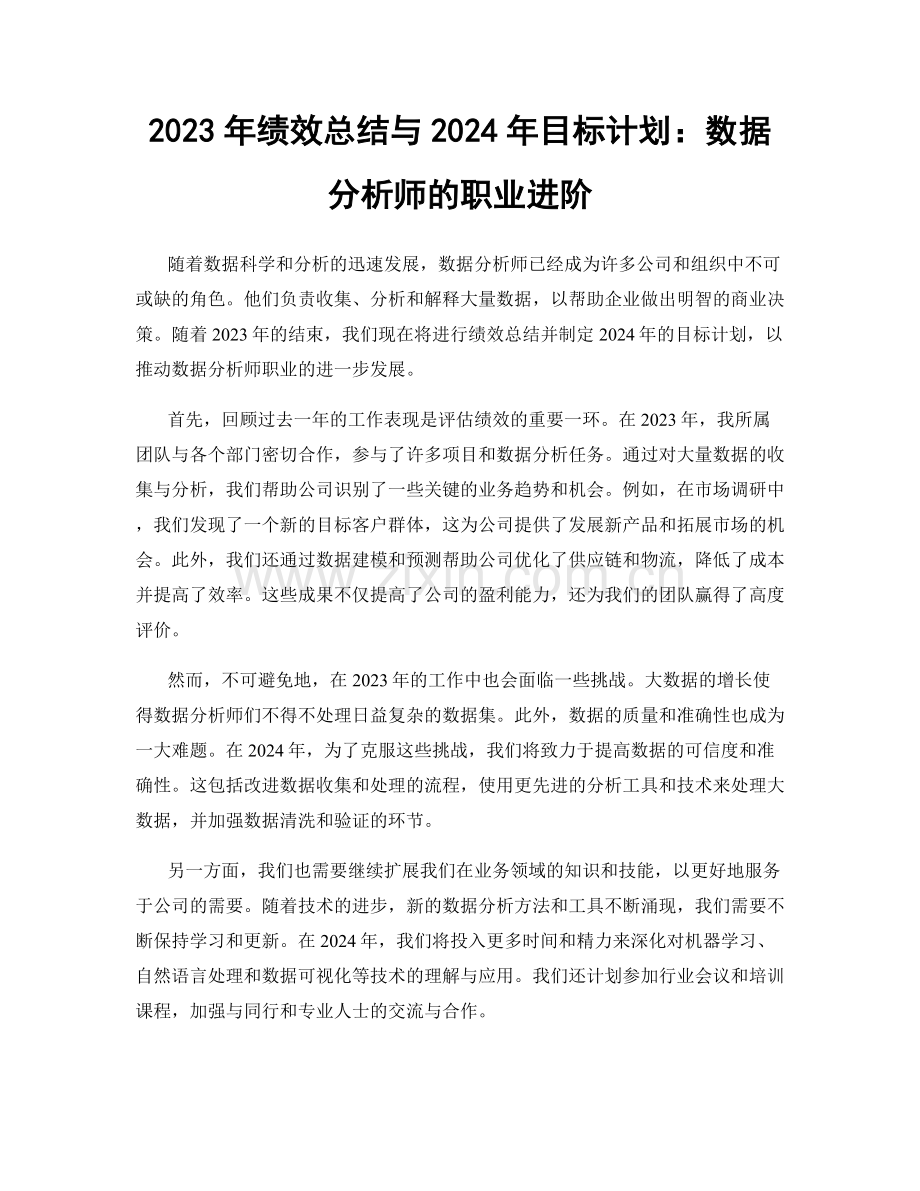 2023年绩效总结与2024年目标计划：数据分析师的职业进阶.docx_第1页