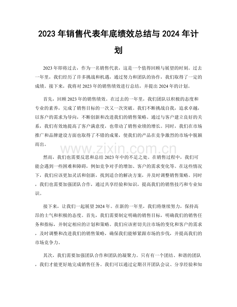 2023年销售代表年底绩效总结与2024年计划.docx_第1页