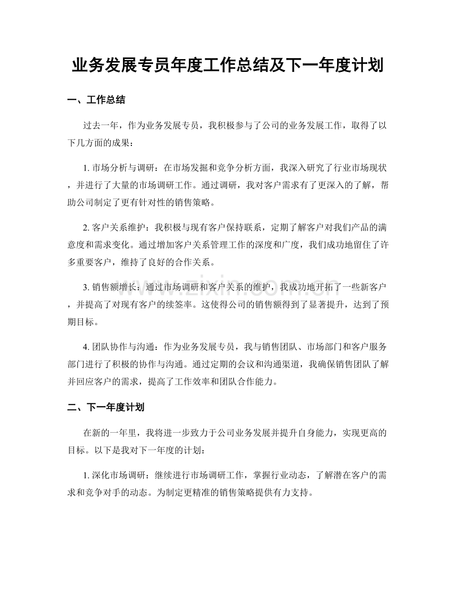 业务发展专员年度工作总结及下一年度计划.docx_第1页