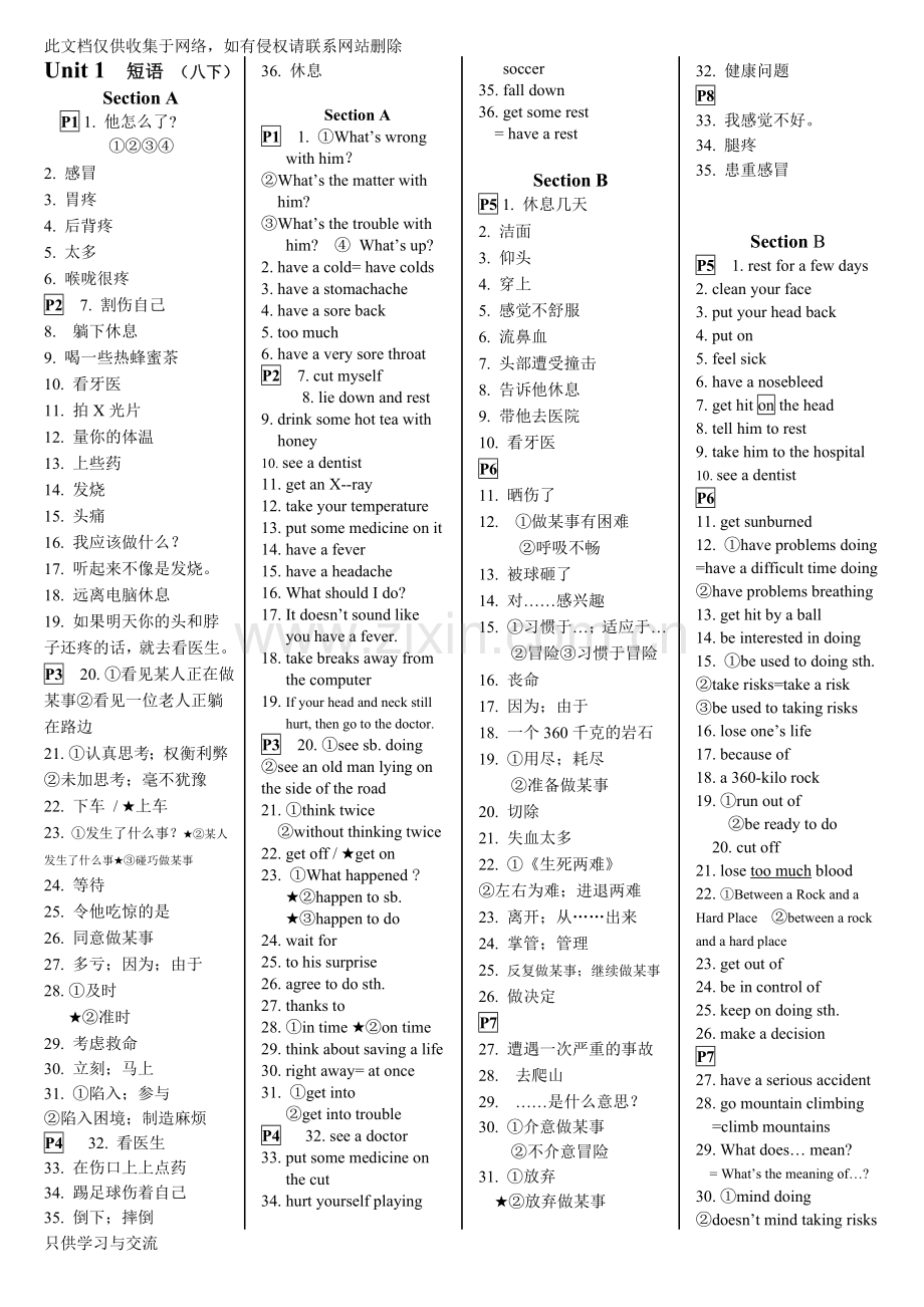 新人教版八下英语词组和固定搭配归纳(完整版)知识交流.doc_第1页