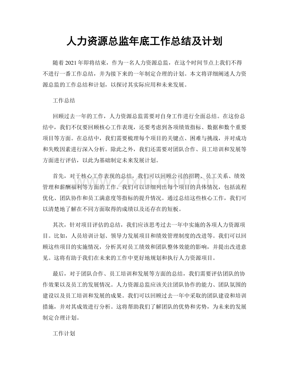 人力资源总监年底工作总结及计划.docx_第1页