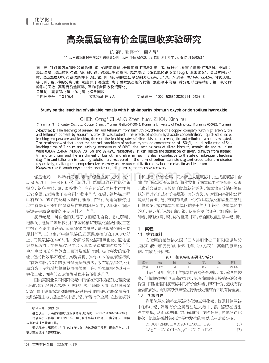 高杂氯氧铋有价金属回收实验研究.pdf_第1页