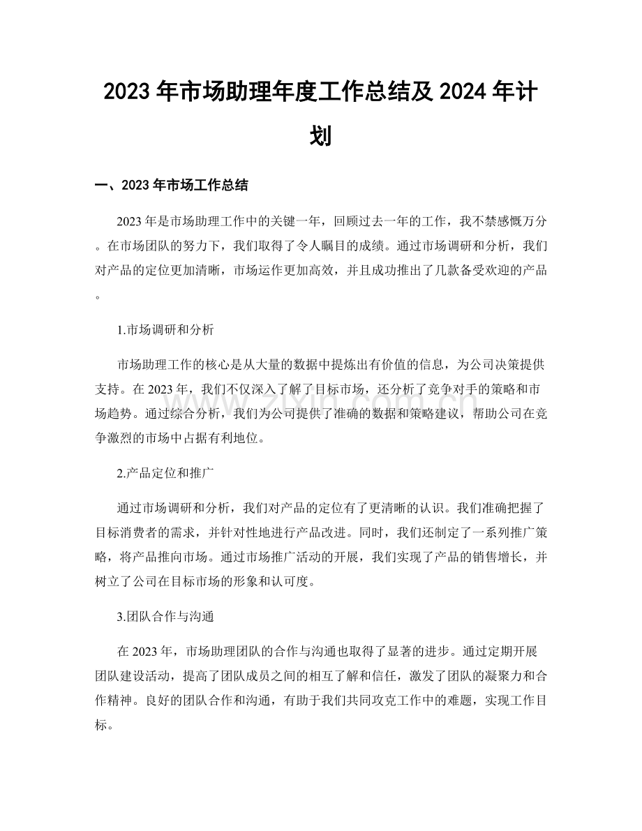 2023年市场助理年度工作总结及2024年计划.docx_第1页