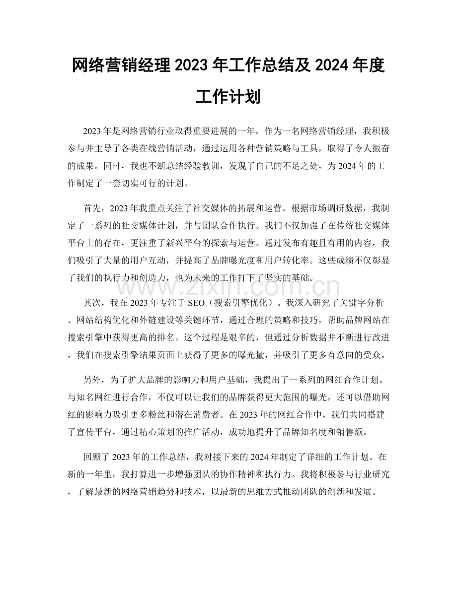 网络营销经理2023年工作总结及2024年度工作计划.docx_第1页