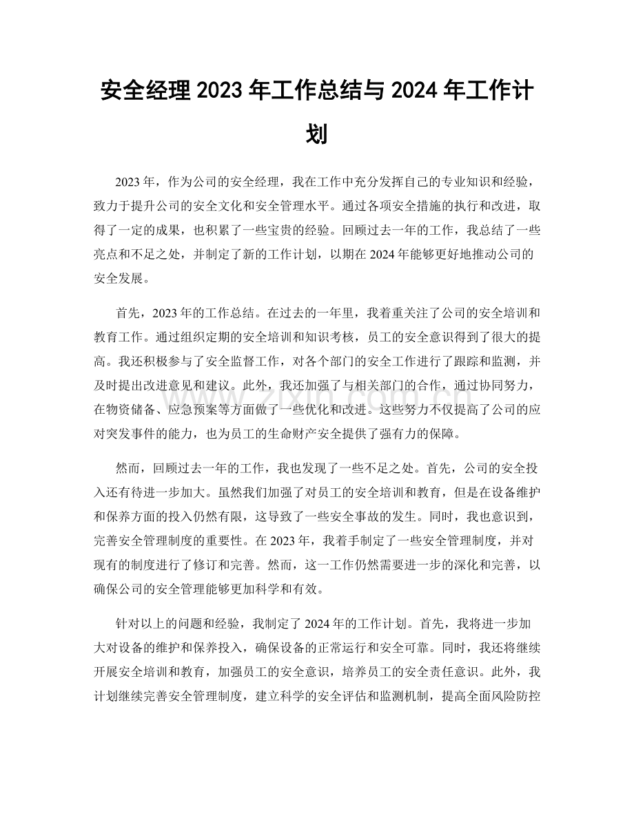 安全经理2023年工作总结与2024年工作计划.docx_第1页