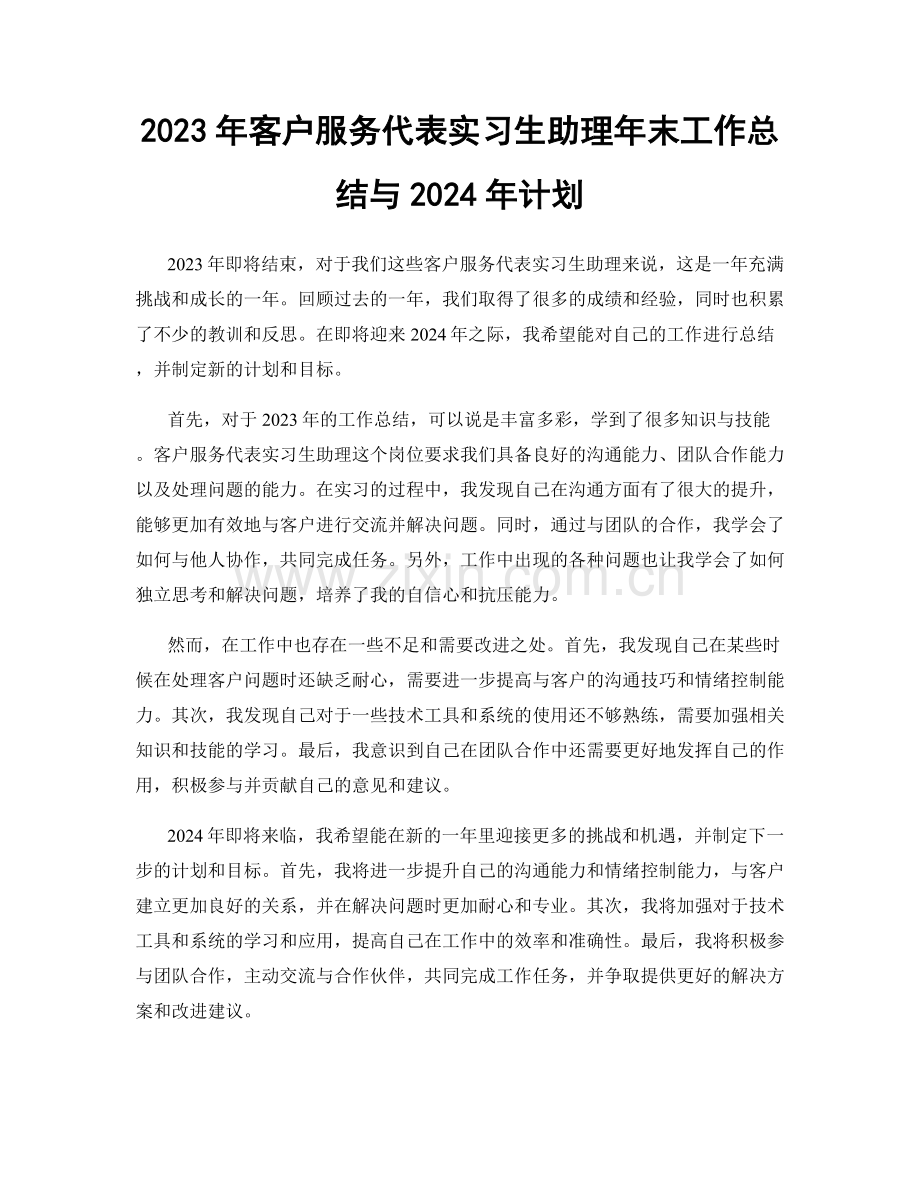 2023年客户服务代表实习生助理年末工作总结与2024年计划.docx_第1页