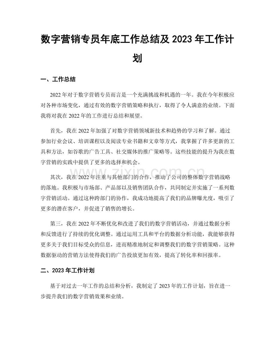 数字营销专员年底工作总结及2023年工作计划.docx_第1页