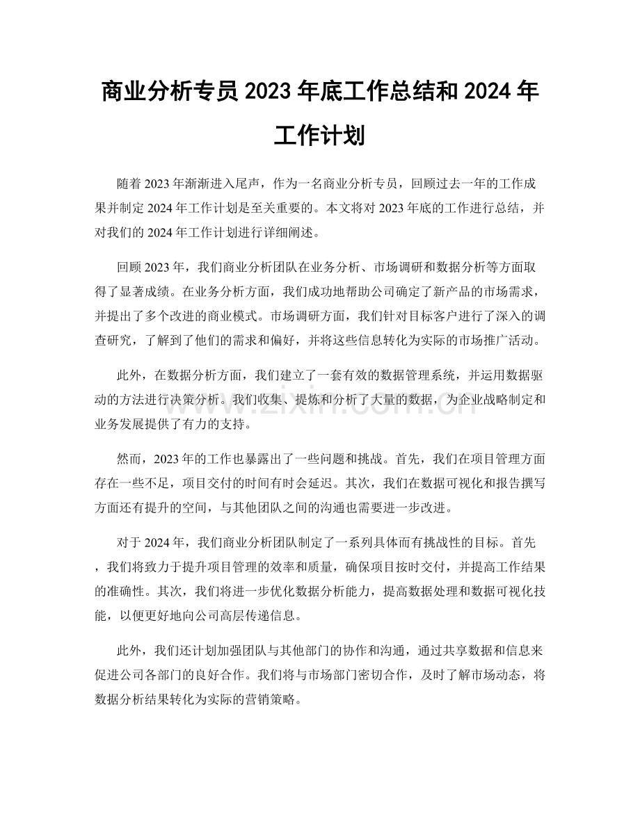 商业分析专员2023年底工作总结和2024年工作计划.docx_第1页