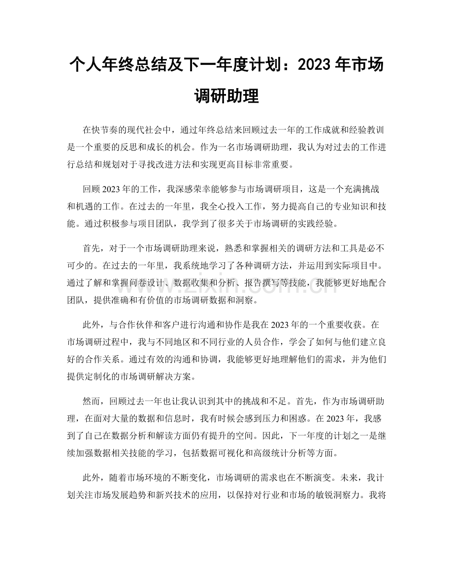 个人年终总结及下一年度计划：2023年市场调研助理.docx_第1页