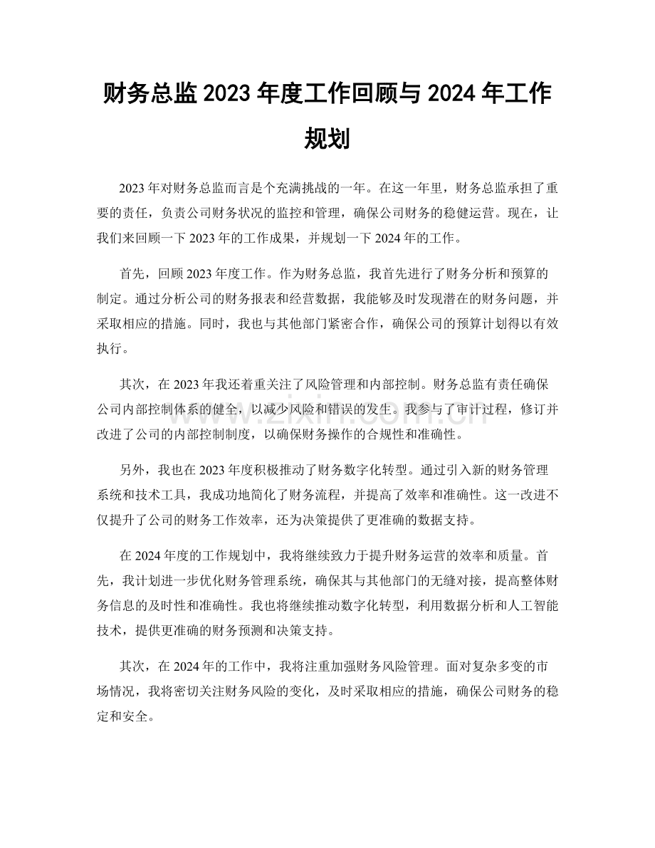 财务总监2023年度工作回顾与2024年工作规划.docx_第1页