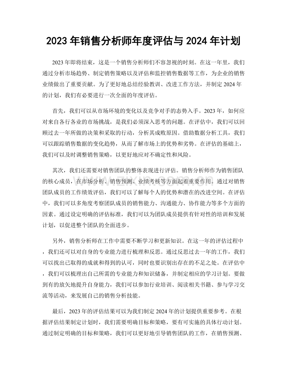 2023年销售分析师年度评估与2024年计划.docx_第1页