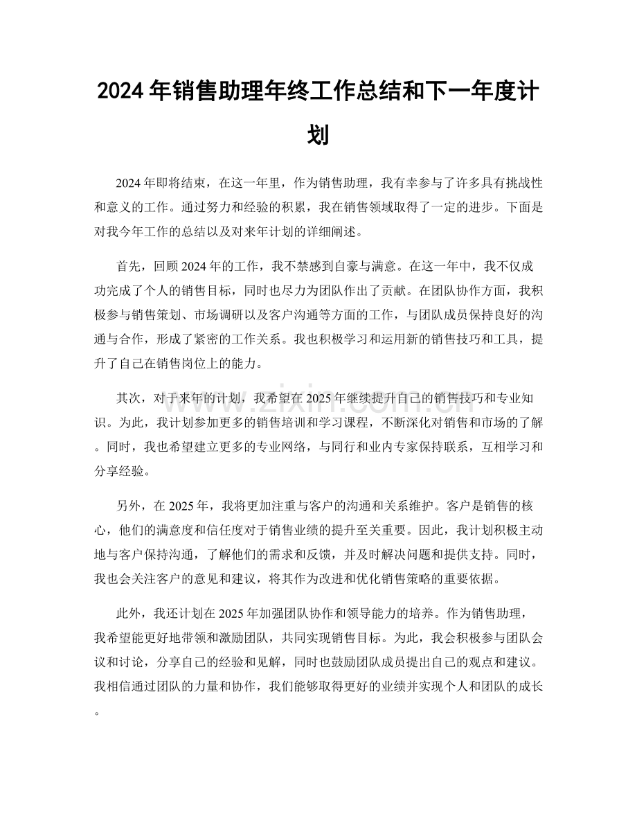 2024年销售助理年终工作总结和下一年度计划.docx_第1页