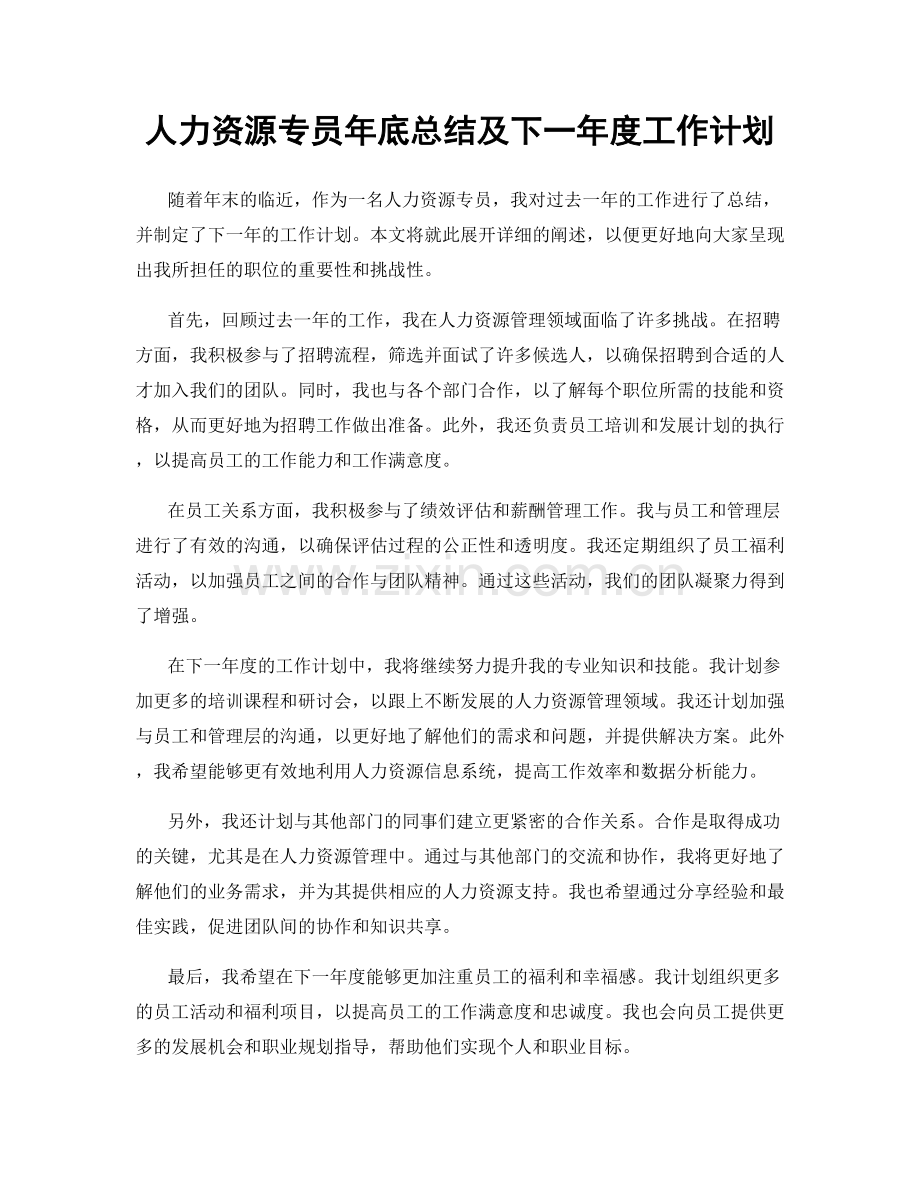 人力资源专员年底总结及下一年度工作计划.docx_第1页