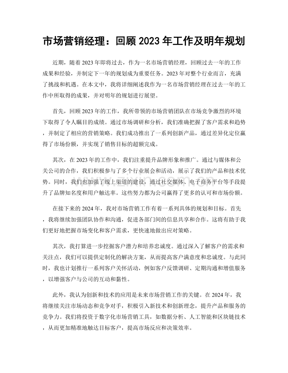 市场营销经理：回顾2023年工作及明年规划.docx_第1页