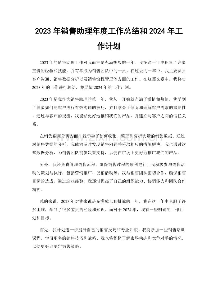 2023年销售助理年度工作总结和2024年工作计划.docx_第1页