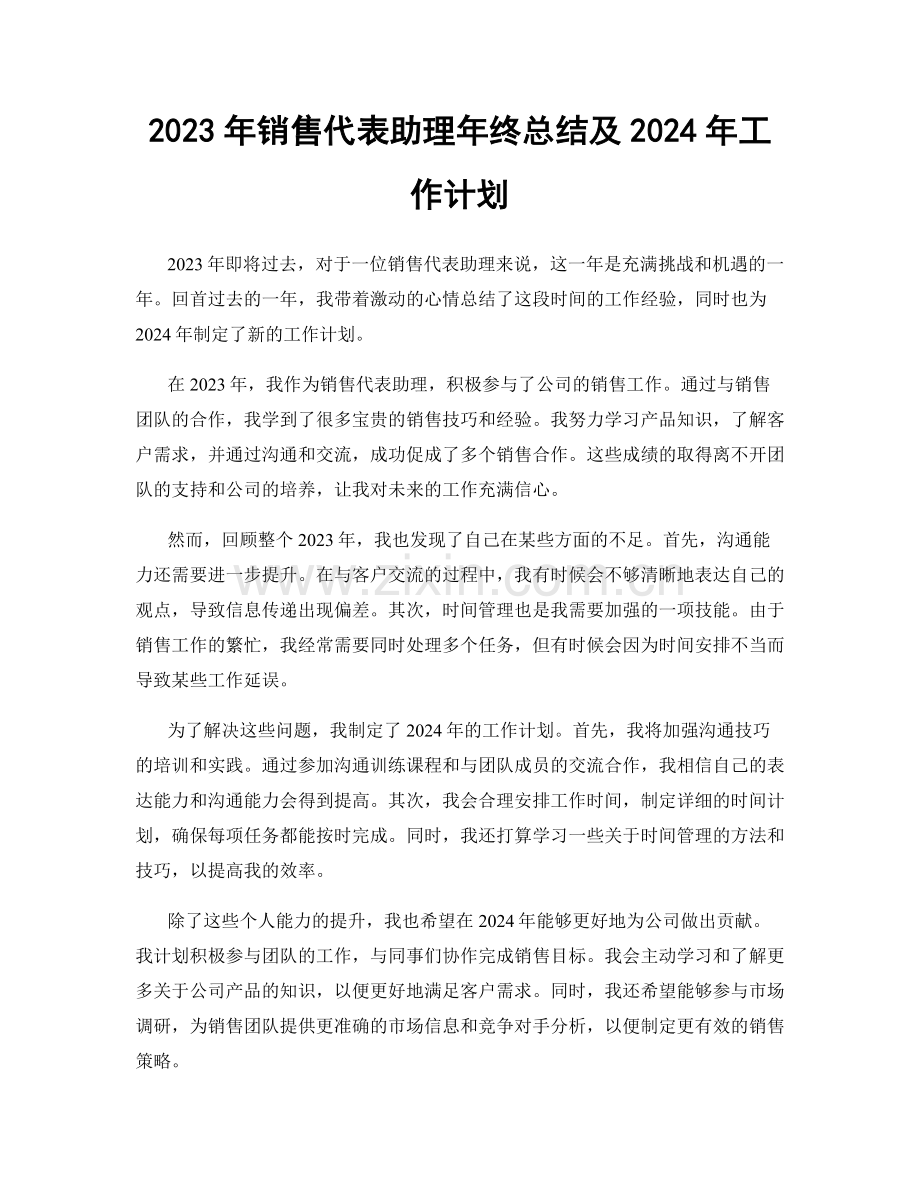 2023年销售代表助理年终总结及2024年工作计划.docx_第1页